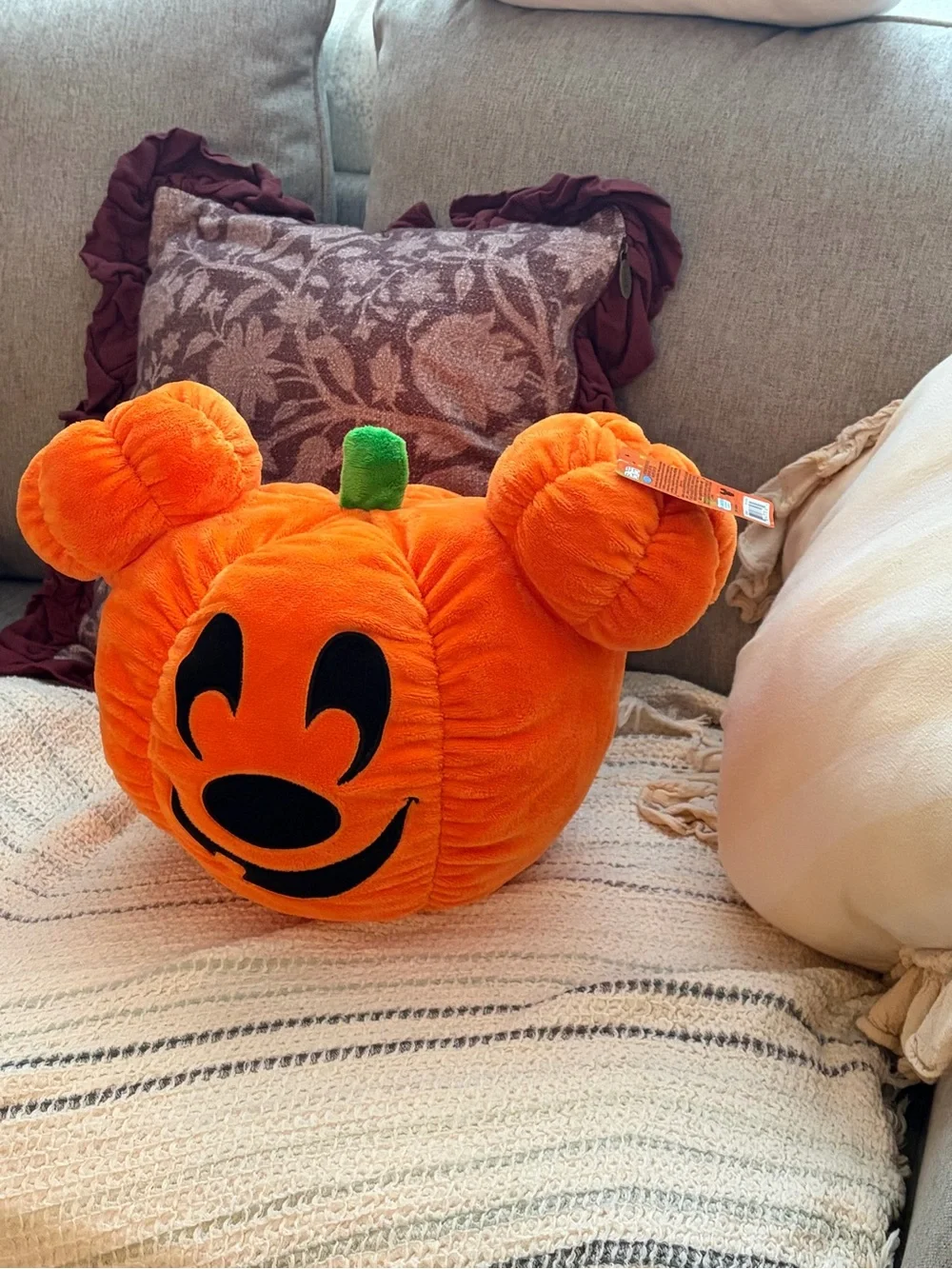 New Disney Orange Plush Pumpkin Mickey Accent Pillow with Green Stem